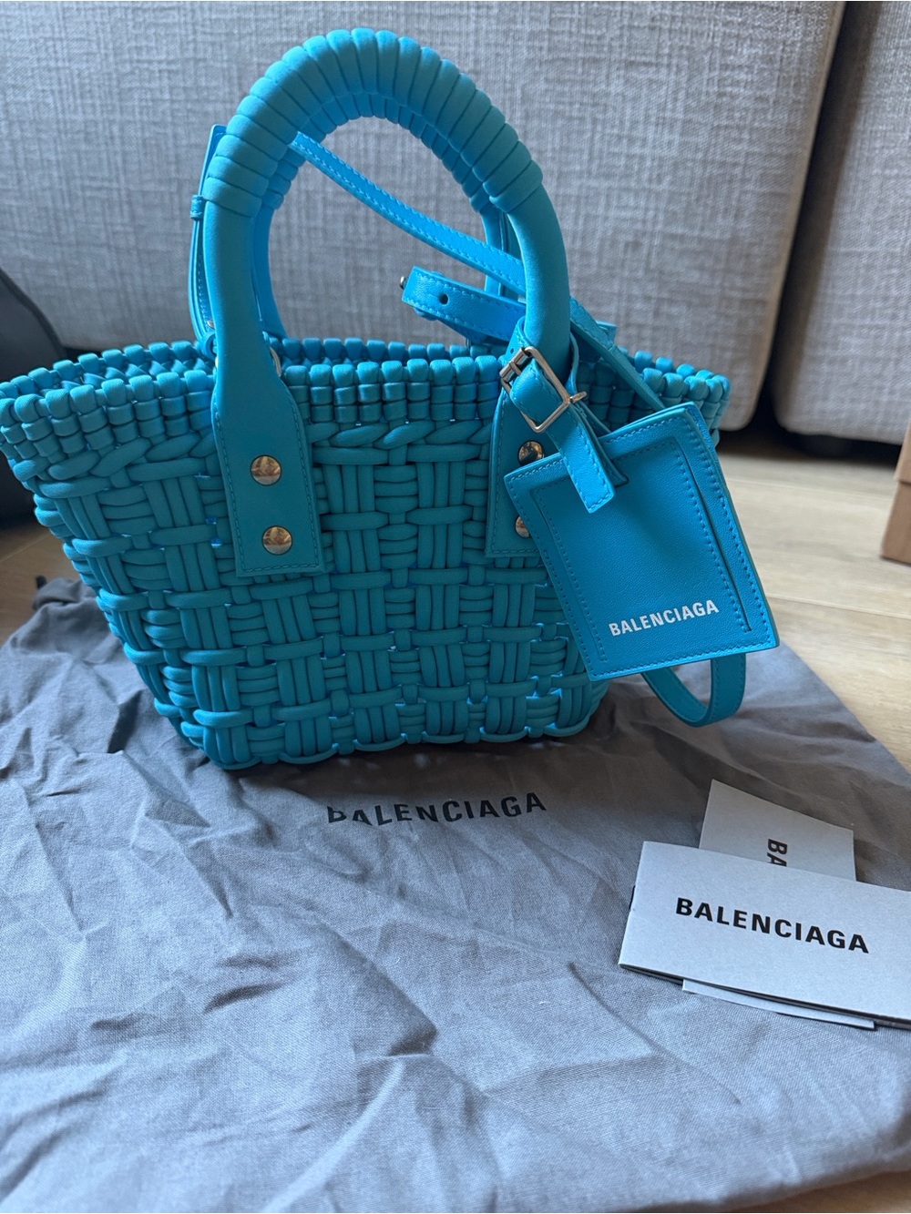 Balenciaga Bright Turquoise Woven Mini Tote